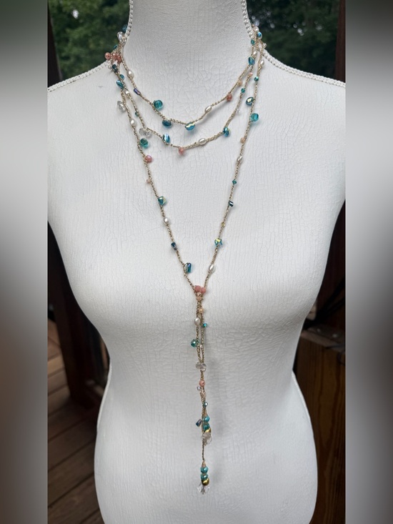 Silver Plum Jewelry - Delicate Crochet Multi wrap  Teal and Pink Beaded Lariat Necklace